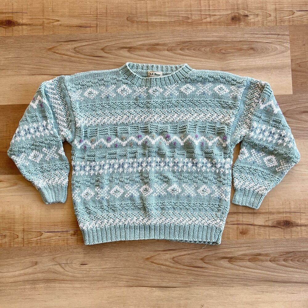 LL Bean Tulip Floral Knit Ramie Cotton Sweater Grandma Cottage VTG Womens Size M